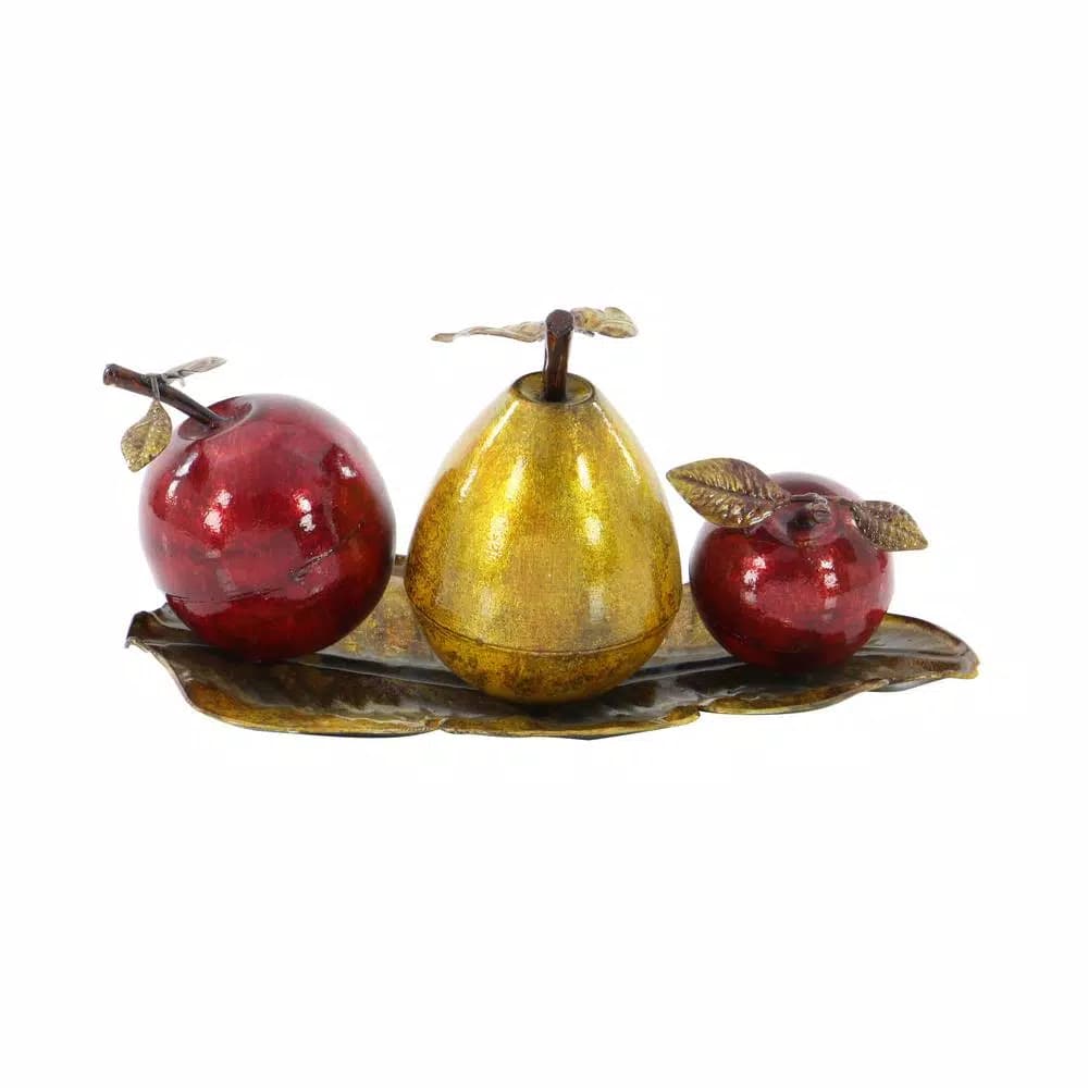 LITTON LANE Elegant Metal Fruit Sculpture Set - Golden Pear and Red Apples on Leaf Tray Base