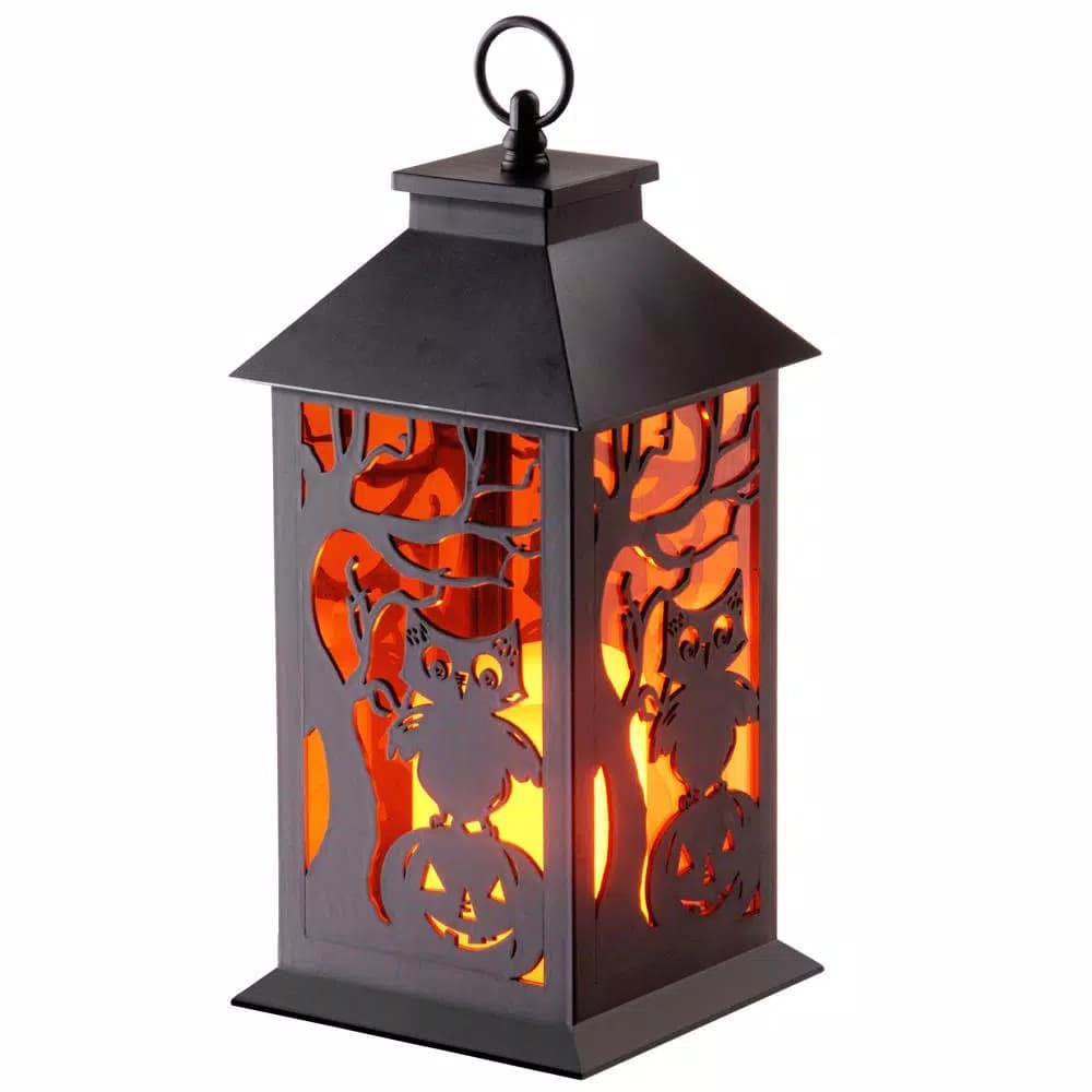 National Tree Company 11.5 in. LED Owl and Pumpkin Halloween Lantern, Matte Black Plastic