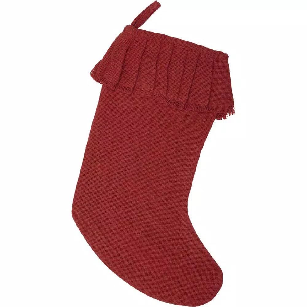 VHC Brands 15 in. Red Cotton Burlap Ruffled Christmas Stocking - Farmhouse Holiday Decor