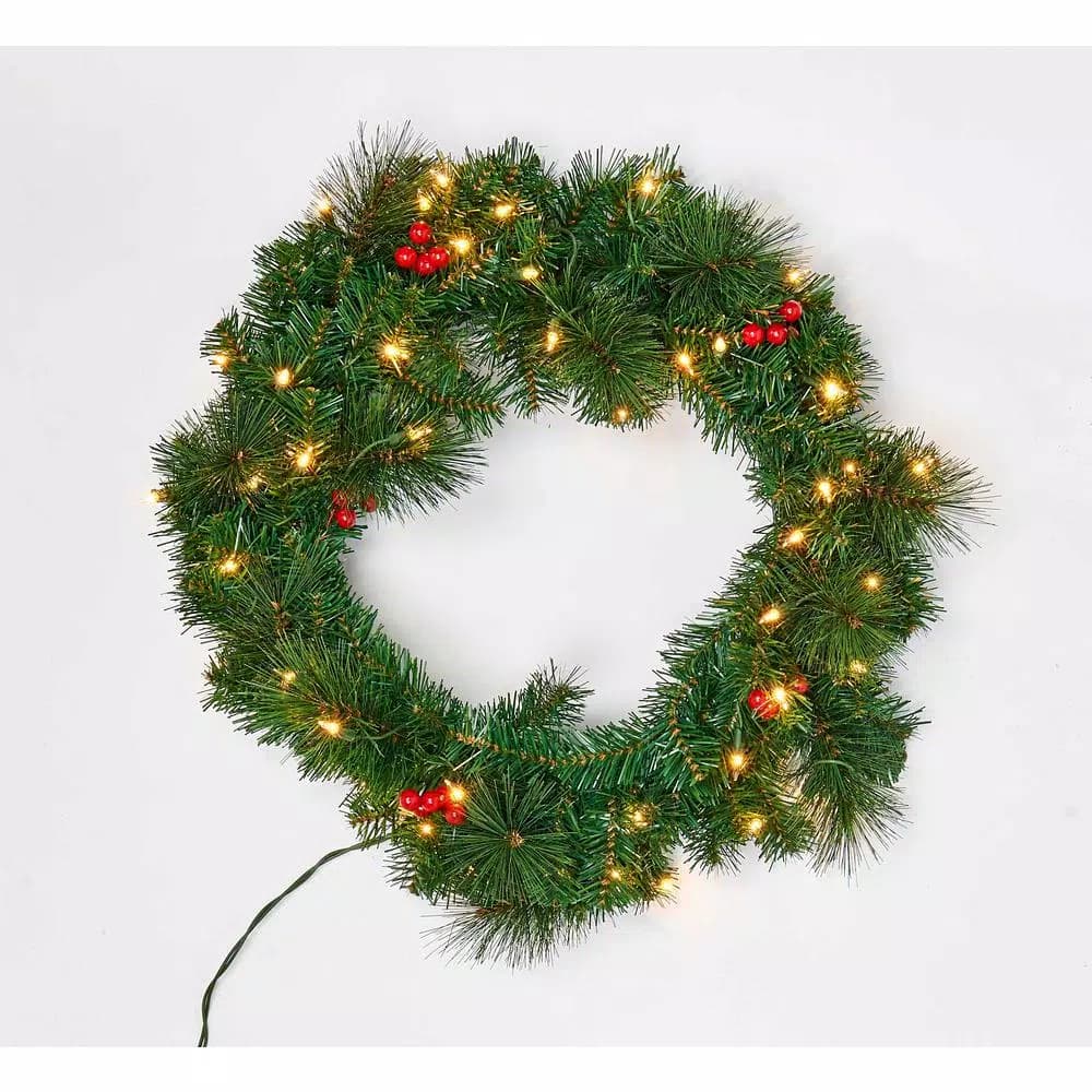 Unbranded 24 in. Artificial Pine Wreath with 50 LED White Lights and Berries