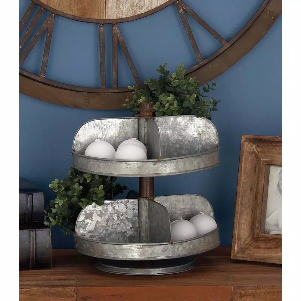 LITTON LANE Industrial Arts 2-Tier Iron Tray Stand with Galvanized Finish, Gray
