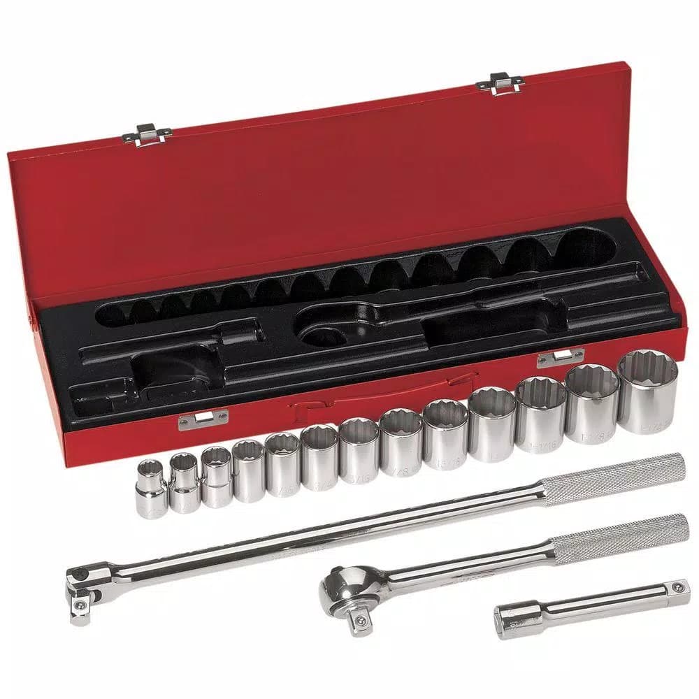 Klein Tools 16-Piece 1/2 in. Drive Socket Wrench Set with Hinged Metal Storage Box