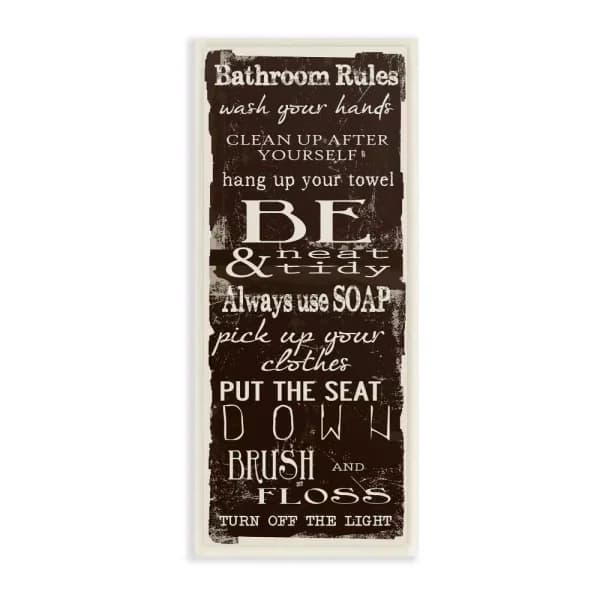 Stupell Industries Taylor Greene Bathroom Rules Chocolate White Wood Wall Art Sign, 7 in. x 17 in.