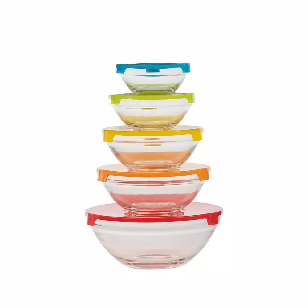 Home Basics 5-Piece Glass Bowl Set with Colorful Plastic Lids