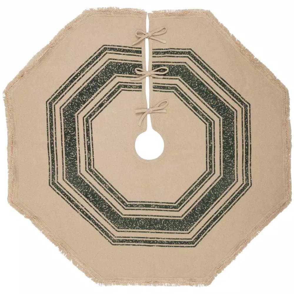 VHC Brands 48 in. Green Vintage Burlap Stripe Farmhouse Christmas Tree Skirt