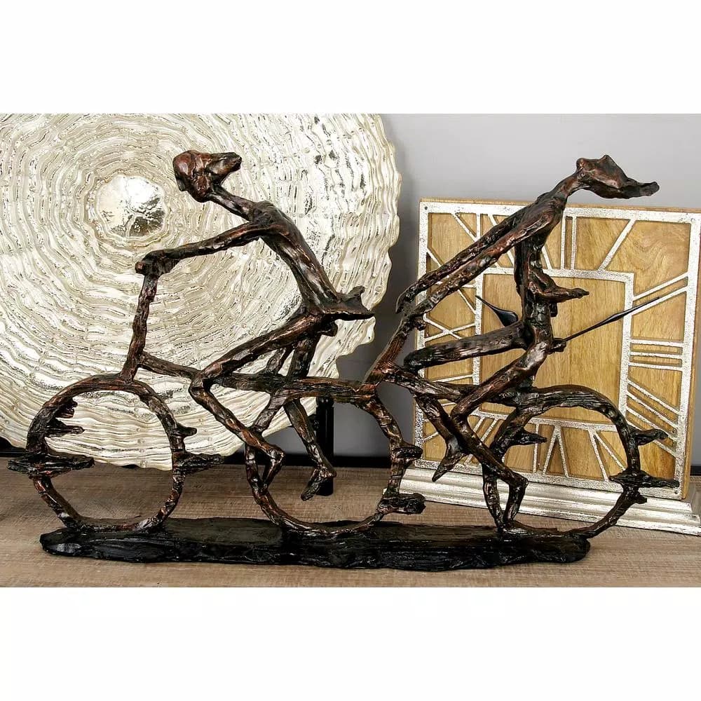 LITTON LANE Abstract Polystone Cycling Pair Sculpture - Modern Distressed Brown Decorative Statuary