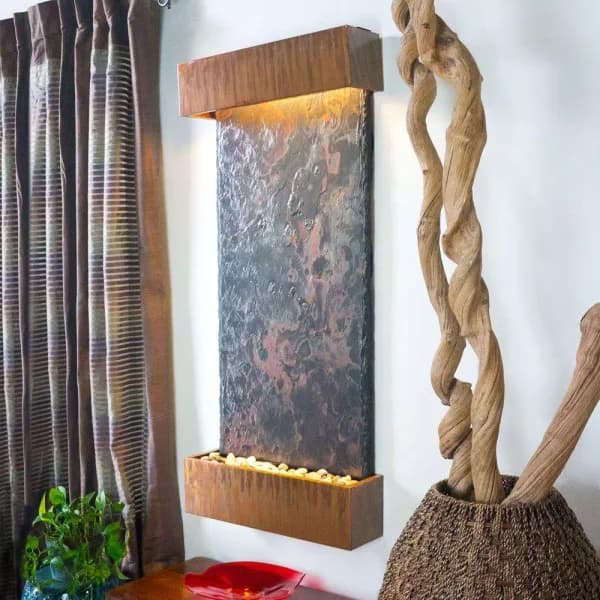 Water Wonders Nojoqui Falls Large Lightweight Slate Wall Fountain with Copper Patina Trim