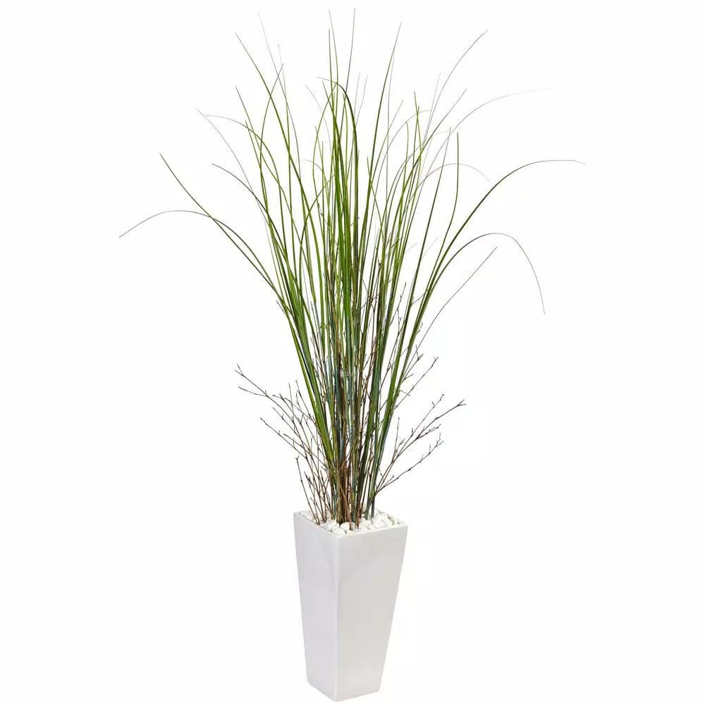 Nearly Natural Artificial Bamboo Grass in White Ceramic Tower Planter with River Rock