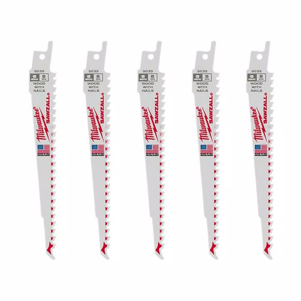 Milwaukee 6 in. 5 TPI Wood Reciprocating Saw Blades, Bi-Metal, 5-Pack