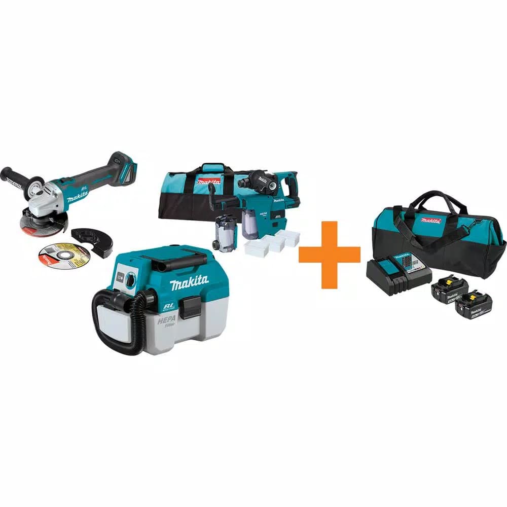 Makita 18V LXT Brushless Angle Grinder, SDS-Plus Rotary Hammer & 2 Gal. Vacuum Starter Kit