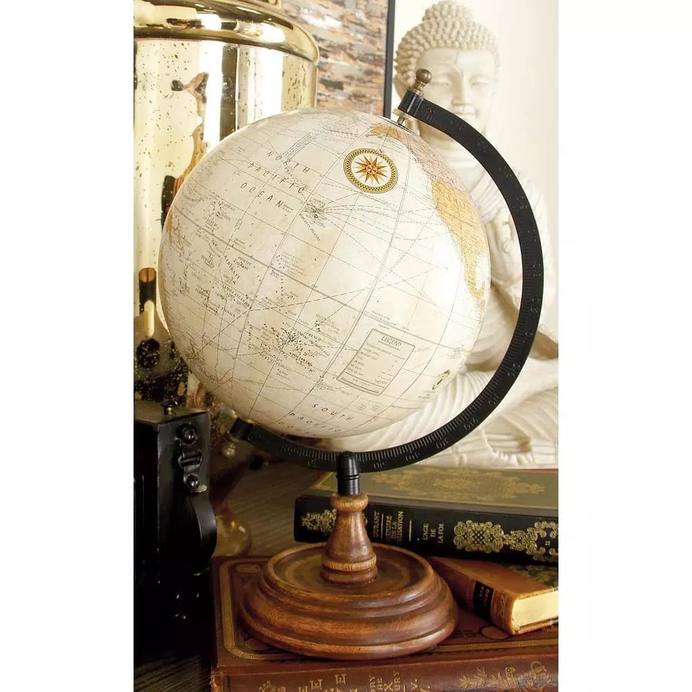 LITTON LANE Nautical Decorative Sepia Globe with Mango Wood Base and Iron Meridian