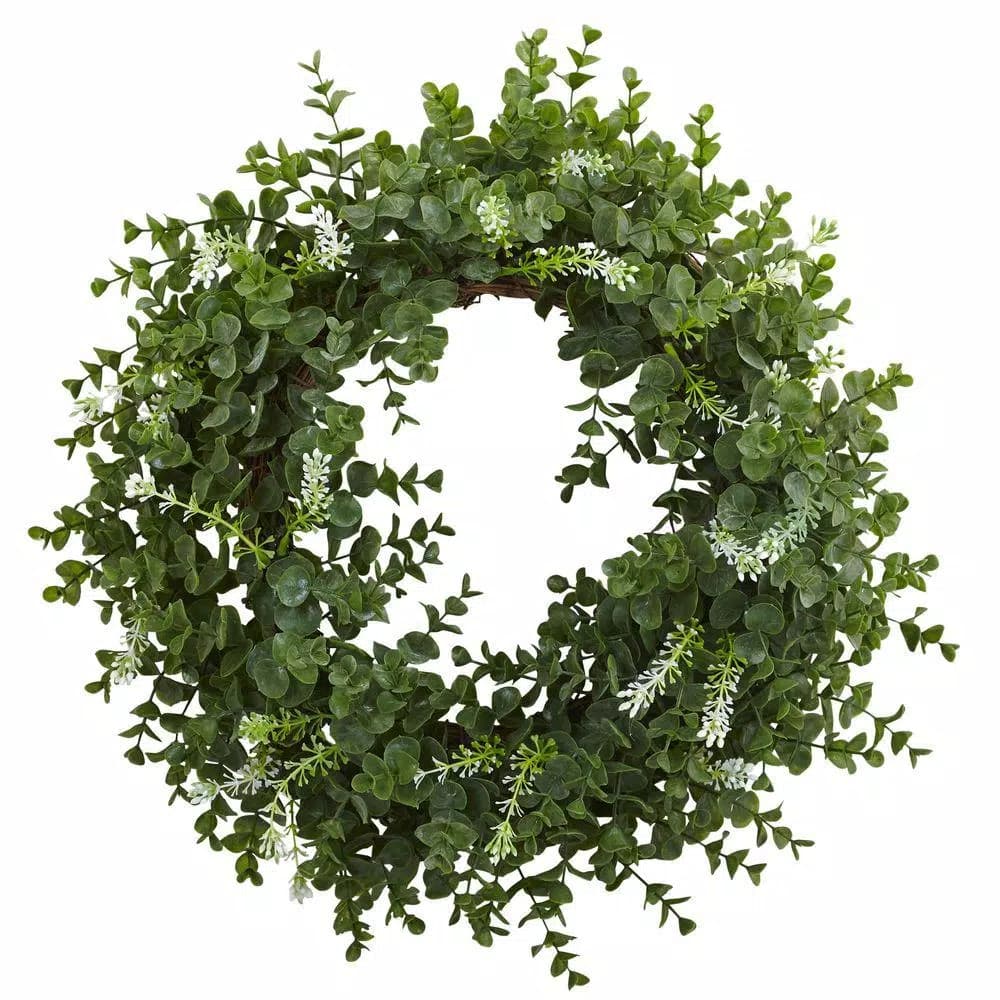 Nearly Natural 18 in. Eucalyptus Double Ring Wreath with Twig Base and White Flora