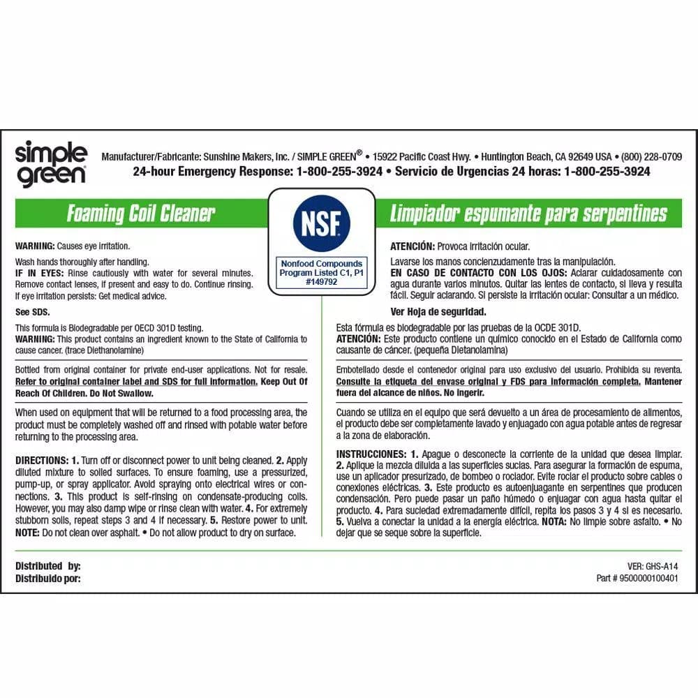 Simple Green Foaming Coil Cleaner Secondary Labels, Bilingual, 10-Pack