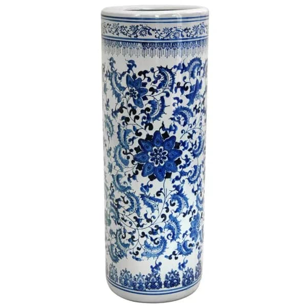 Oriental Furniture 23.5 in. Porcelain Blue and White Decorative Umbrella Stand Vase