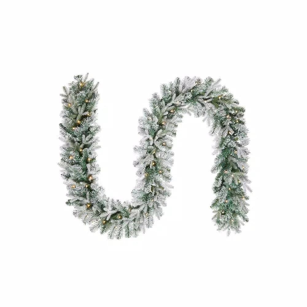 Home Accents Holiday 9 ft. Pre-Lit Flocked Frasier Fir LED Garland with Timer