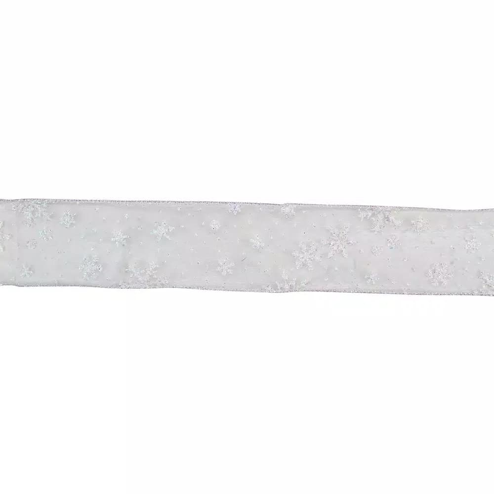 Northlight 2.5 in. x 16 yds. Iridescent Snowflake Sheer White Wired Ribbon