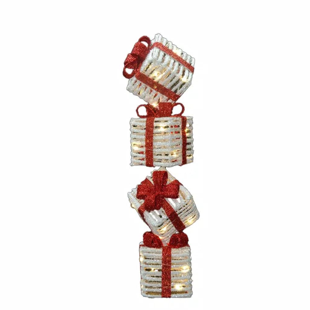 National Tree Company 33 in. Pre-Lit Sisal Gift Box Tower Decoration with 35 Warm White LED Lights