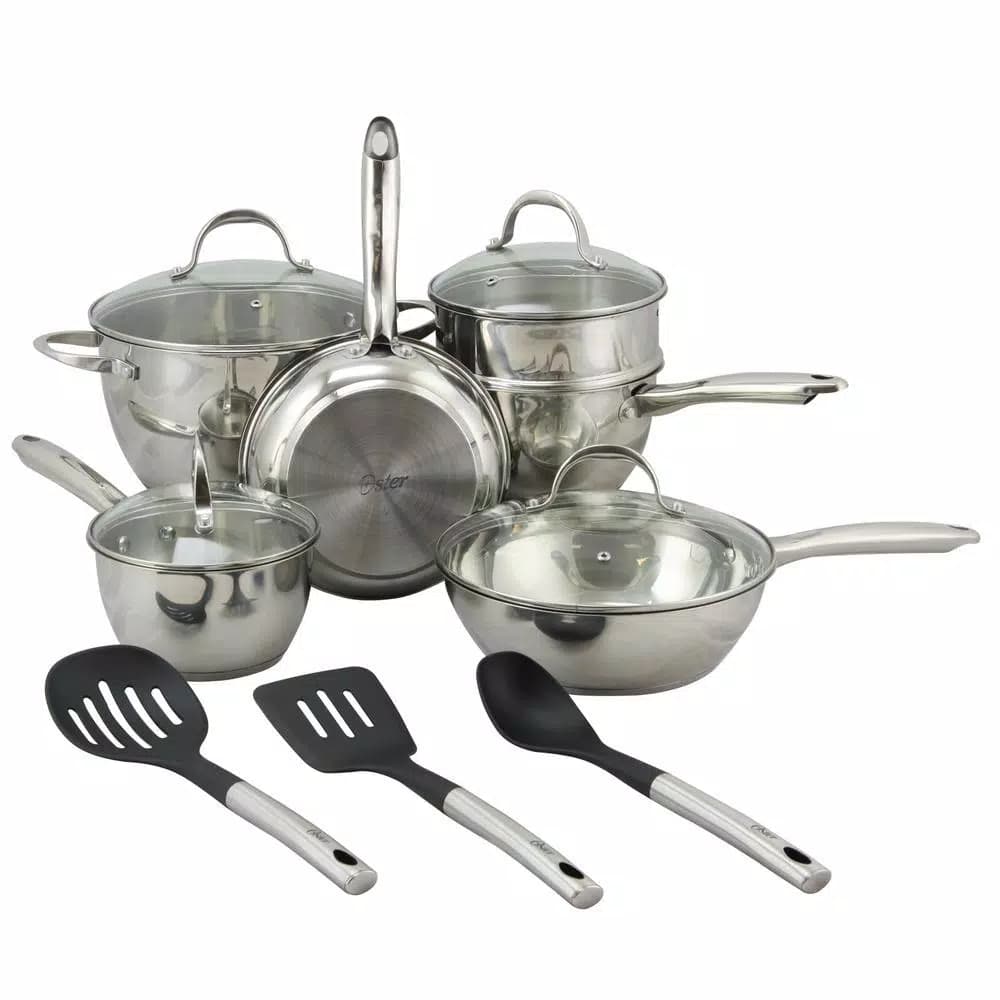 Oster Ridgewell 13-Piece Stainless Steel Cookware Set with Tempered-Glass Lids and Utensils