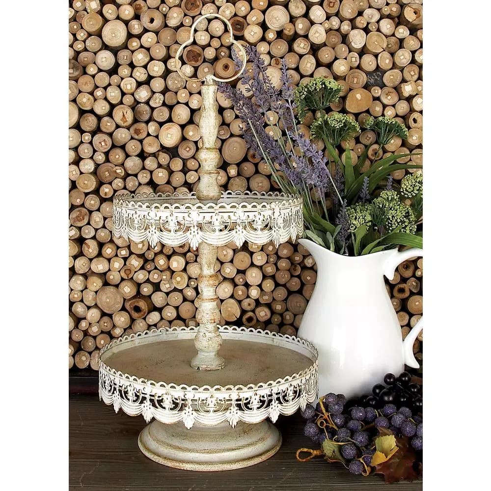 LITTON LANE 24 in. 2-Tiered Round Iron Tray Stand with Floral Bunting Overhang, Whitewashed & Rust Brown
