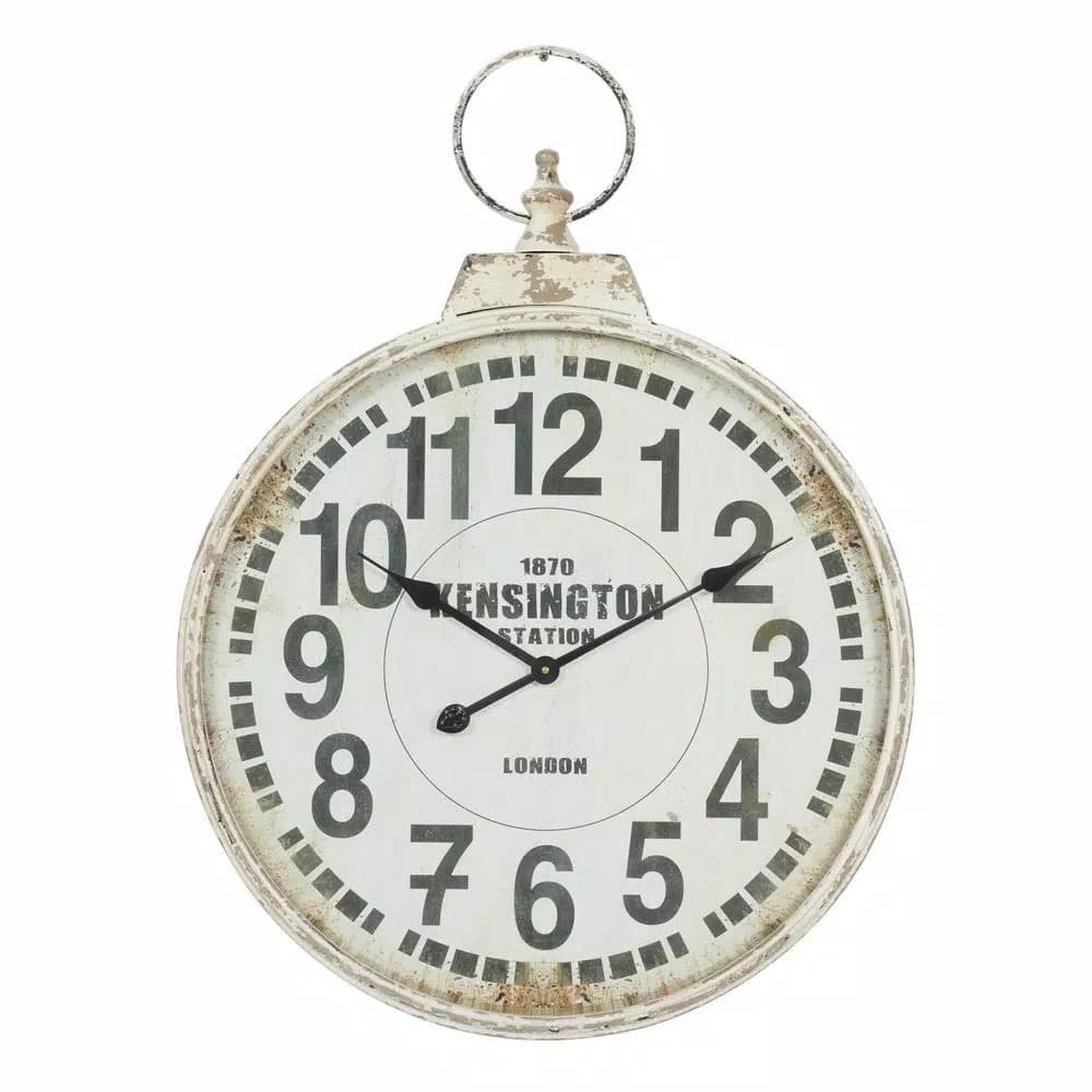 LITTON LANE 32 in. London Inspired Antique Round Wall Clock - Distressed White Metal Farmhouse Decor