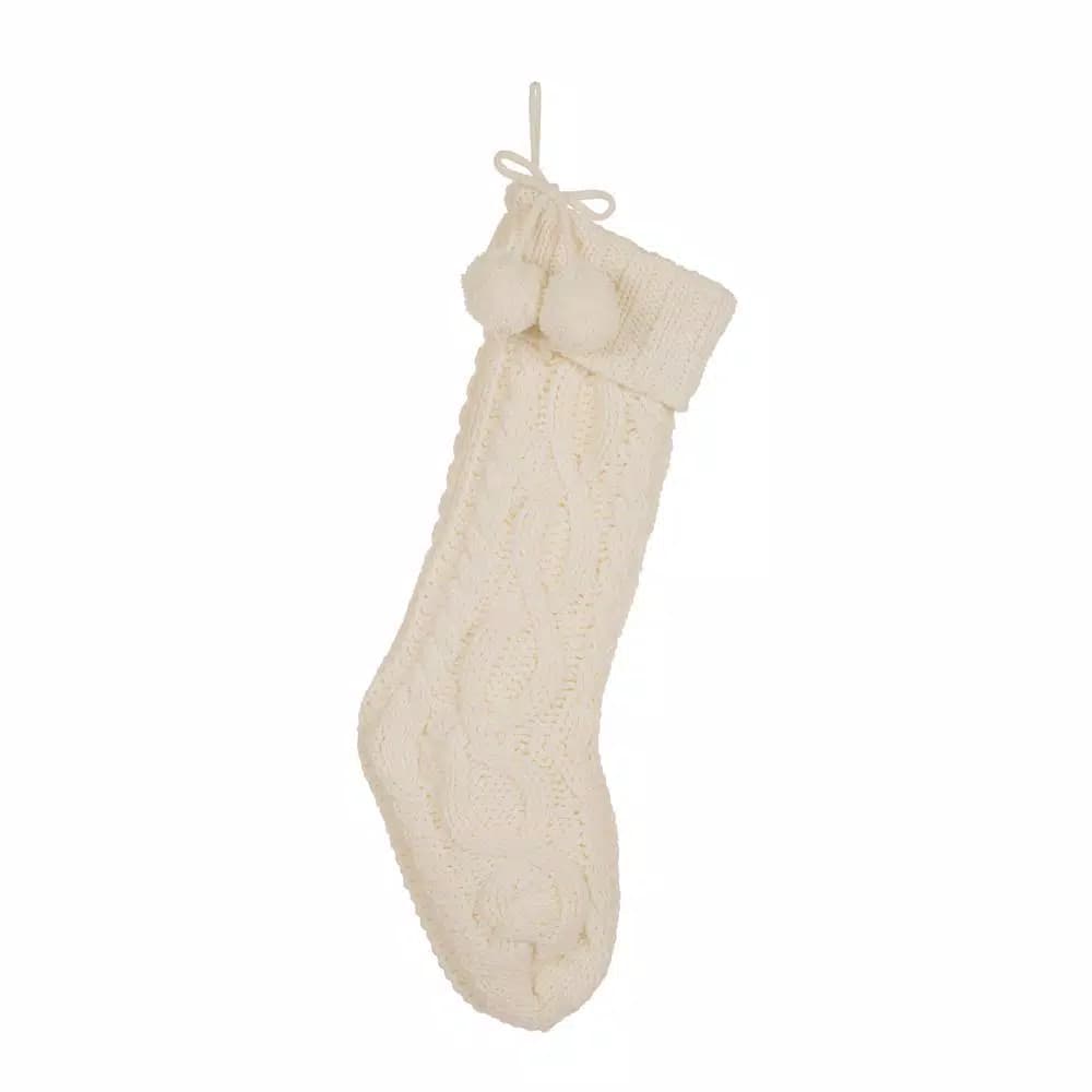 Glitzhome 24 in. White Knitted Polyester Christmas Stocking with Pom Pom Balls