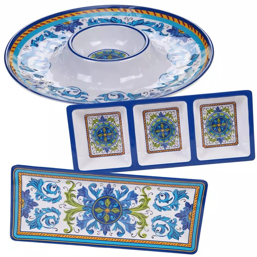 Certified International Lucca 3-Piece Melamine Hostess Set, Blue and Gold