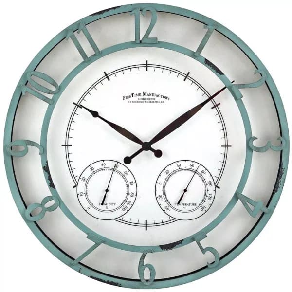 FirsTime 18 in. Laguna Round Outdoor Wall Clock with Thermometer and Hygrometer - Aged Teal