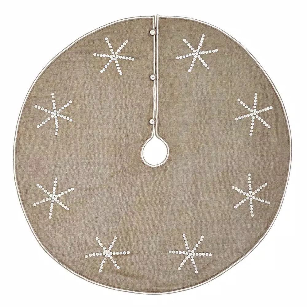 VHC Brands 55 in. Pearlescent Natural Tan Coastal Christmas Tree Skirt with Snowflake Pearl Buttons