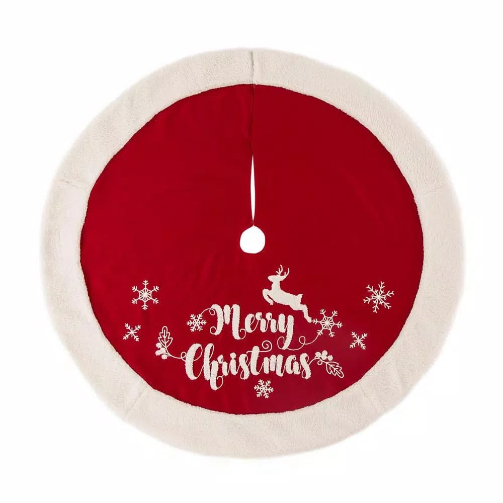 Glitzhome 48 in. Merry Christmas Fabric Tree Skirt with Reindeer and Snowflake Pattern