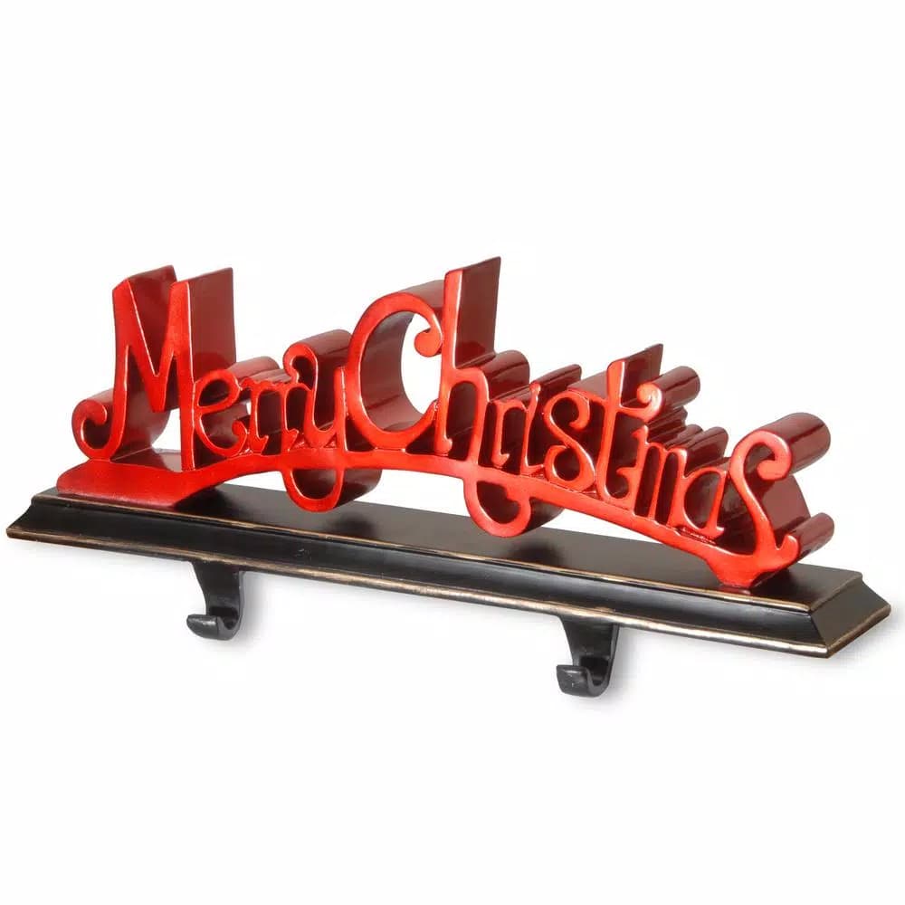 National Tree Company 18 in. Merry Christmas Polyresin Stocking Holder with Two Hooks, Red and Black