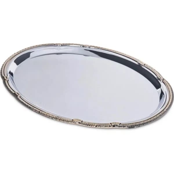 Carlisle FoodService Celebration 12-Pack Silver Carbon Steel Oval Serving Trays with Gold Border, 17.75 x 12.87 in.