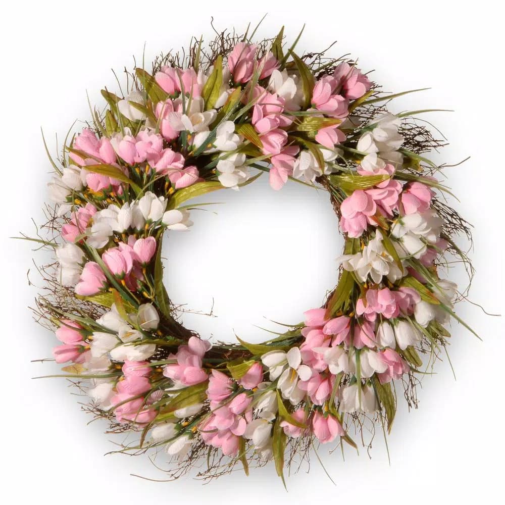 National Tree Company 21 in. Pink and White Tulip Flower Wreath with Greenery