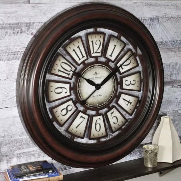 FirsTime Majestic 29 in. Round Hollow Wall Clock, Aged Espresso Brown
