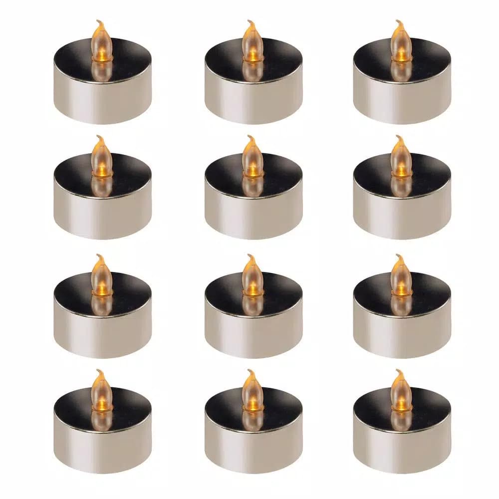 LUMABASE Silver Plated LED Tea Light Candles, 12-Count Battery Operated Flickering Amber Glow