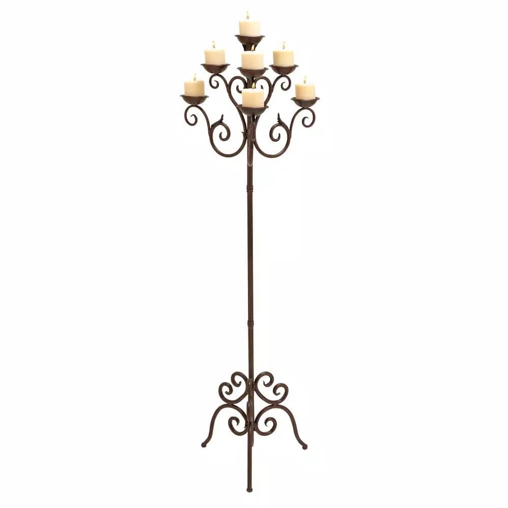 LITTON LANE 61 in. Brown Iron Scroll Design 7-Light Candelabra Floor Stand