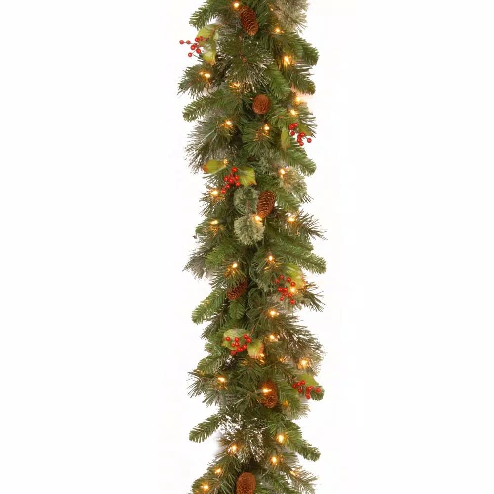 Unbranded Wintry Pine 9 ft. Artificial Garland with 100 Clear Lights, Red Berries, and Pine Cones
