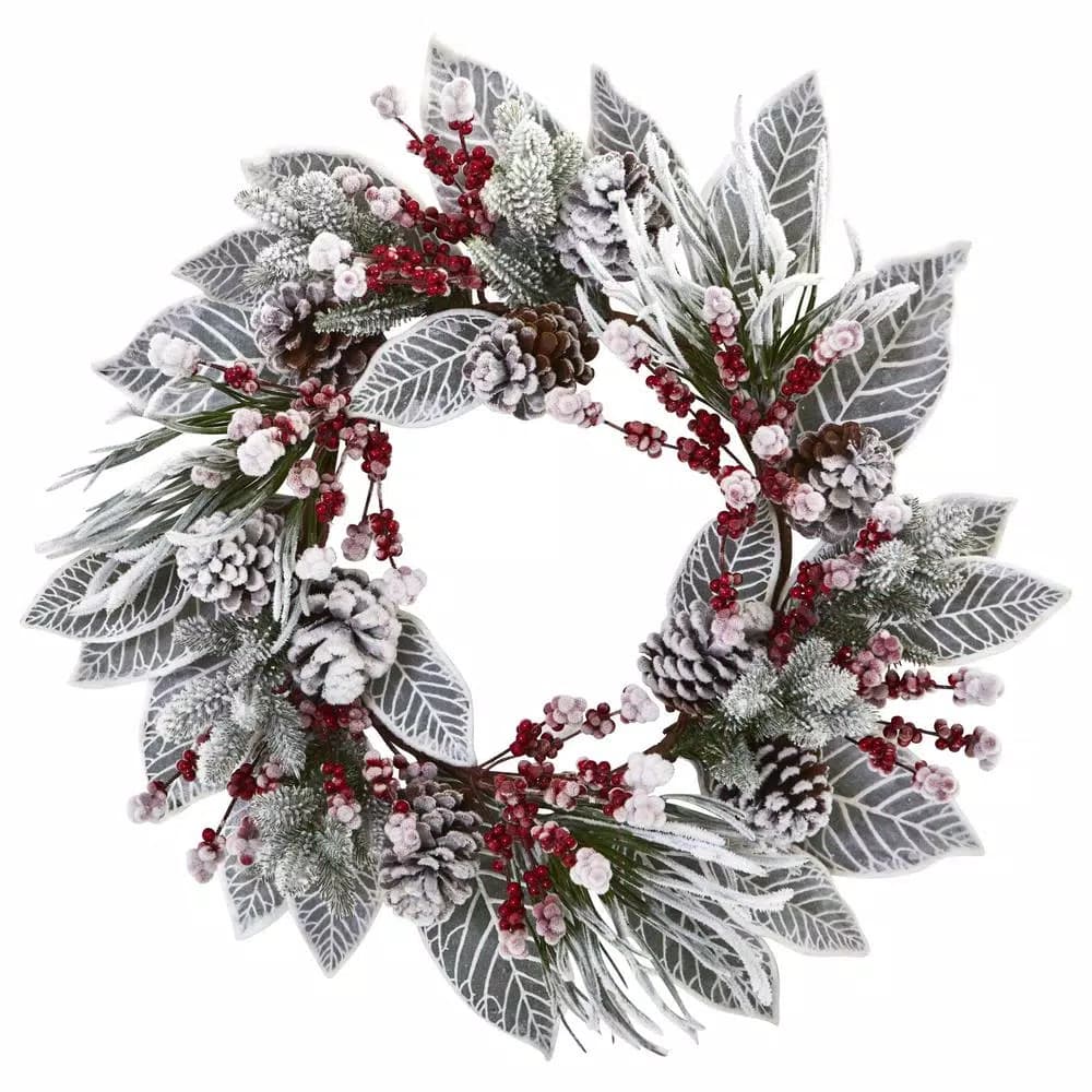 Nearly Natural 24 in. Artificial Snowy Magnolia Berry Holiday Wreath, Red and White Flocked