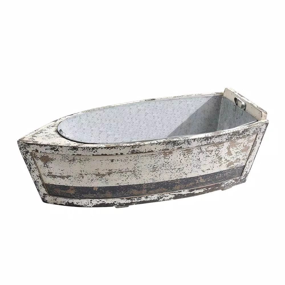 3R Studios Distressed Wood Decorative Boat with Tin Insert - Nautical Display Container