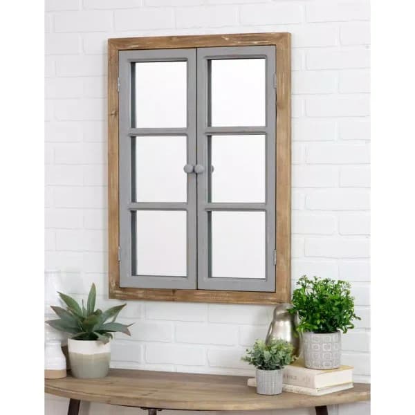 Aspire Home Accents Pueblo Distressed Wood Windowpane Accent Mirror - Medium Brown & Blue-Gray