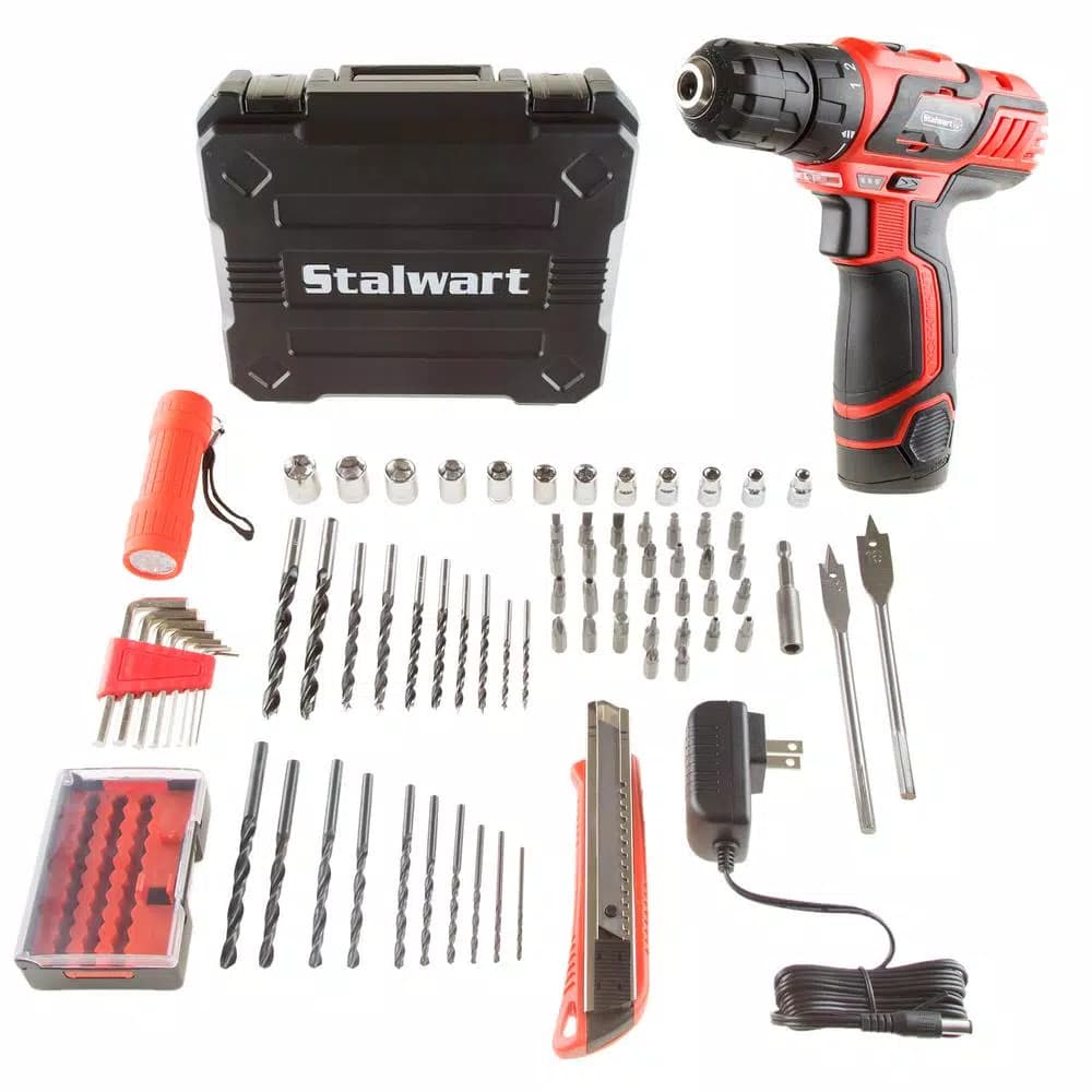 Stalwart 12V Lithium-Ion 3/8 in. Cordless 2-Speed Drill Set, 75-Piece Kit