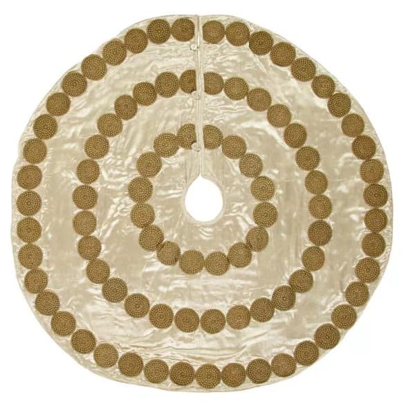 VHC Brands Creme Memories 48 in. Vanilla Velvet Christmas Tree Skirt with Gold Trim