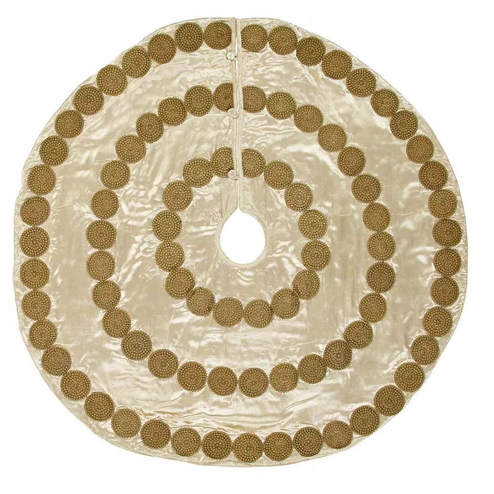 VHC Brands Creme Memories 48 in. Vanilla Velvet Christmas Tree Skirt with Gold Trim