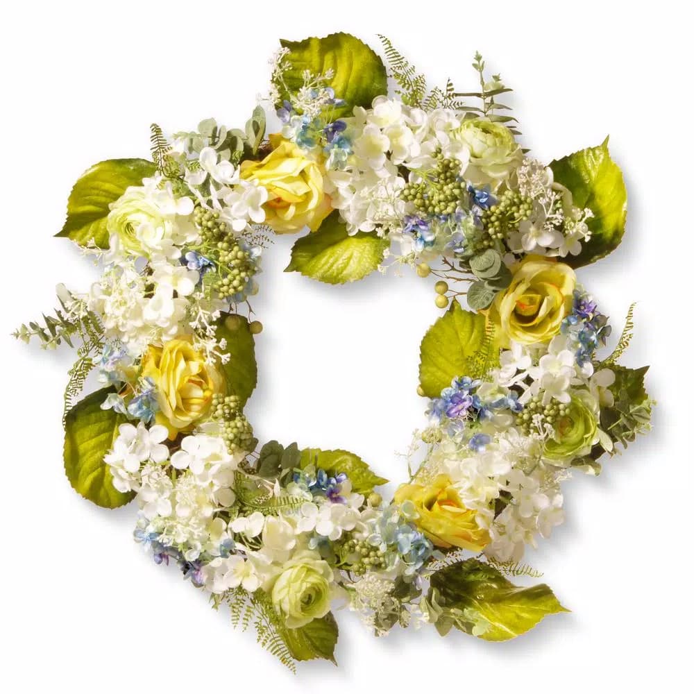 National Tree Company 30 in. Floral Decor Wreath with Yellow Roses and White Hydrangeas