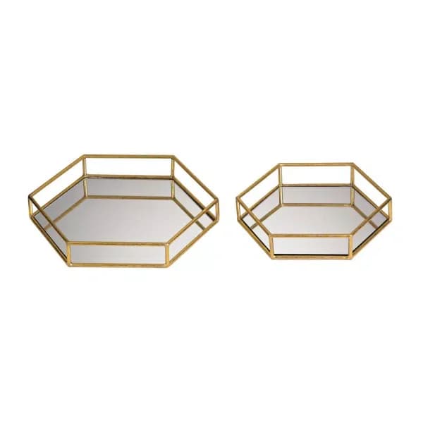 Titan Lighting Gold Mirrored Hexagonal Decorative Trays, Set of 2, Metal Transitional Style