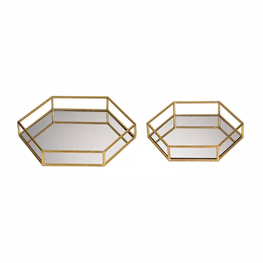 Titan Lighting Gold Mirrored Hexagonal Decorative Trays, Set of 2, Metal Transitional Style