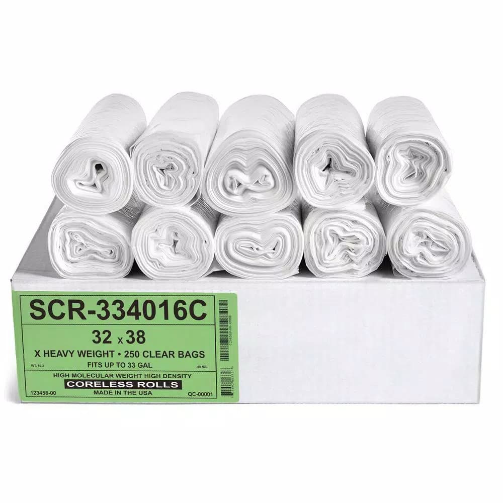 Unbranded 33 Gallon Clear High Density Source Reduction Trash Bags, 250 Count