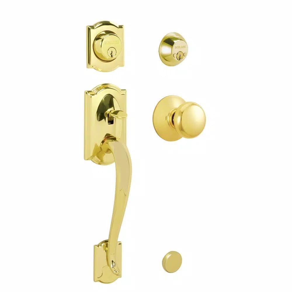 Schlage Camelot Bright Brass Double Cylinder Deadbolt with Plymouth Knob Handleset