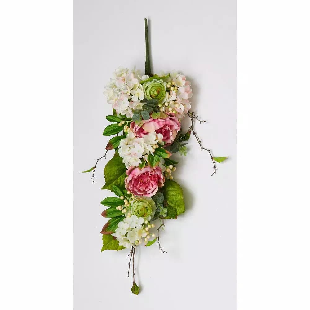 Unbranded 33 in. Pink and Green Hydrangea Peony Silk Flower Swag Wreath