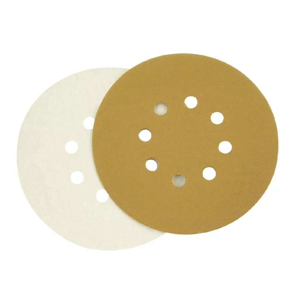 POWERTEC 6 in. 100-Grit Hook and Loop Sanding Discs, 8-Hole, Gold (50-Pack)