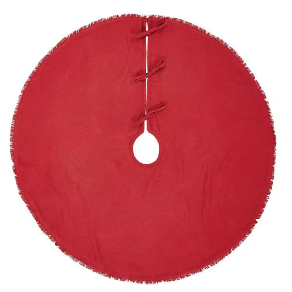 VHC Brands 48 in. Red Festive Burlap Farmhouse Christmas Tree Skirt with Taffeta Reverse